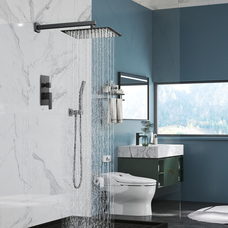 10 inch Bathroom Wall Mounted Rainfall Shower Head System with Faucet Rough-in Valve, Black