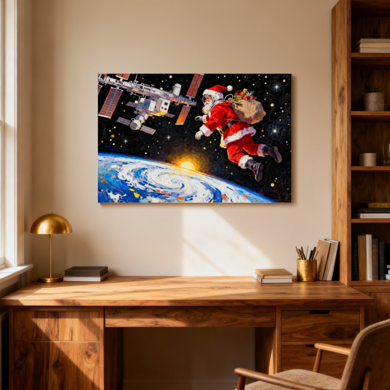 Père Noël volant dans l'espace près de la terre, H 24 po x l 36 po