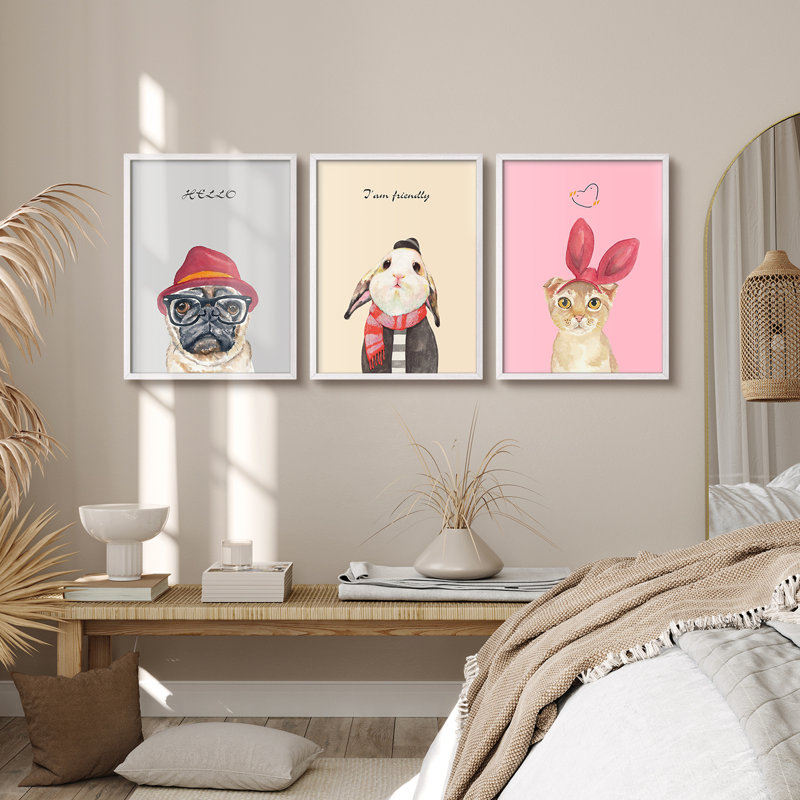 Décoration de chambre de bébé, chien lapin mignon, reproduction d'art encadrée, affiche pour chambre d'enfant, Blanc