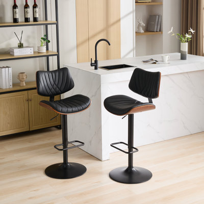 Walnut Bentwood Bar Stools Mid Century Modern Adjustable Counter Height Black Leather Upholstered 360°Swivel Bar Chairs For Kitchen Island/Dining Room/Cafe,Set 