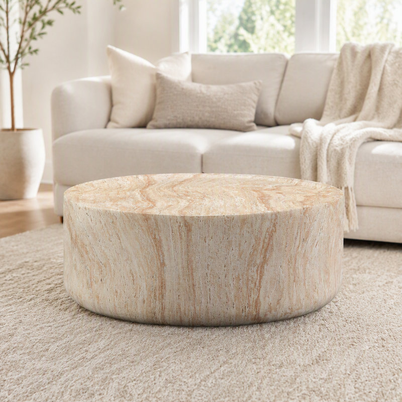 Table basse cylindrique ronde, table d'appoint basse en imitation travertin MgO, table centrale décorative d'intérieur et d'extérieur pour salon et terrasse