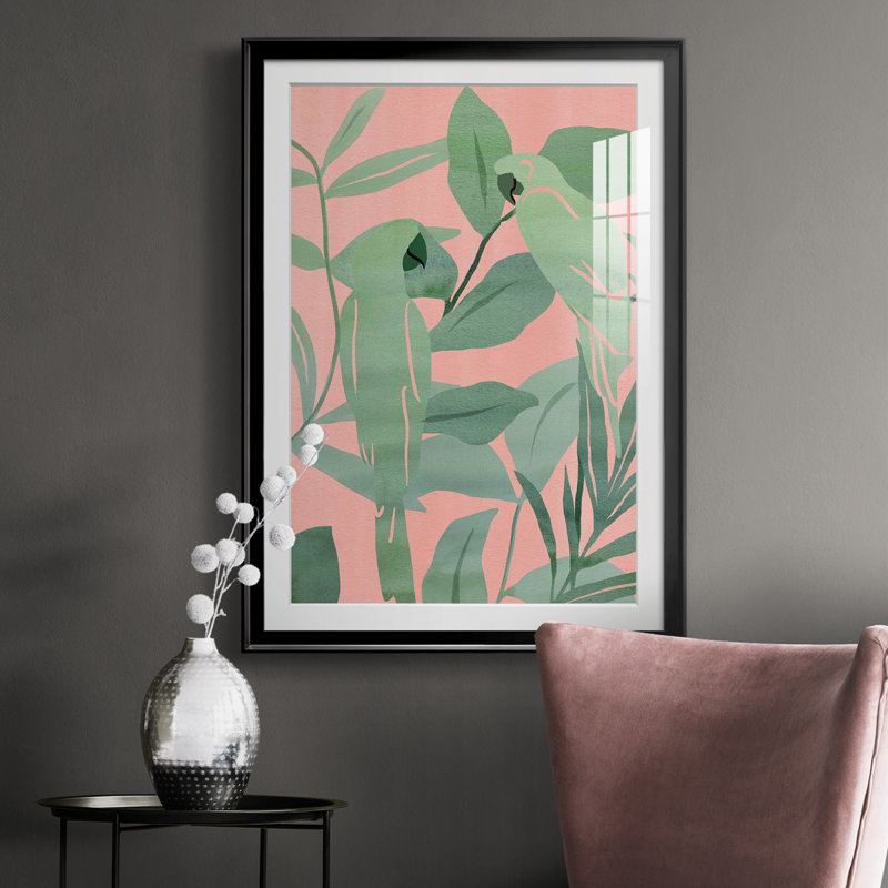Oiseaux de paradis roses et verts II - reproduction de cadre photo, H 36,5 po x l 26,5 po x P 1 po, Noir