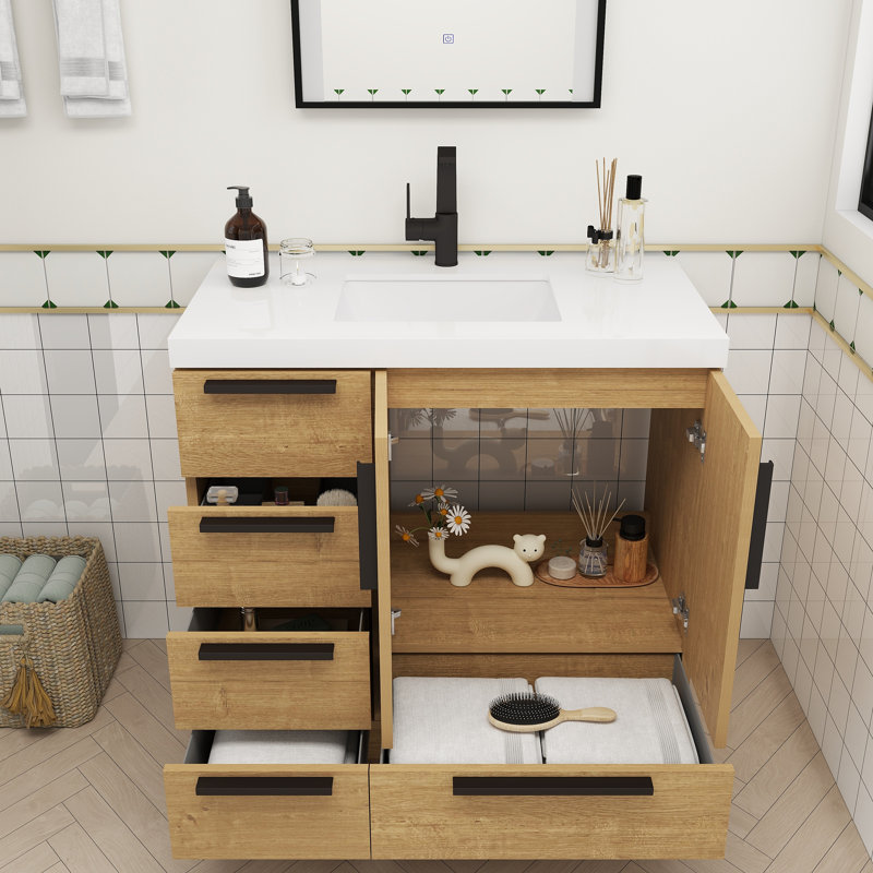 Meuble-lavabo autoportant avec tiroirs latéraux Carla, Chêne naturel, 35"