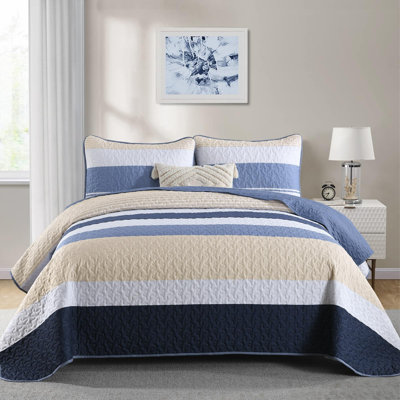 Ensemble de literie 3 pièces rayé Boho Quilt, couvre-lit léger en microfibre avec taies d'oreiller assorties
