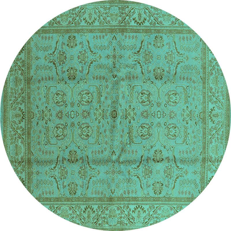 Tapis oriental en laine / polyester tissé à la machine en turquoise / brun, Rond 6 pi