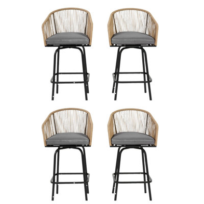 Ensemble de 4 tabourets de bar d'extérieur avec accoudoirs, chaises de bar en rotin toutes saisons avec dossier, tabourets de bar d'extérieur 4 pièces