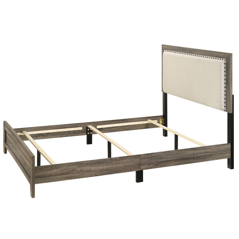 Lit double avec tête de lit tapissier gris et placages de bois fiables, Lit double, Gris