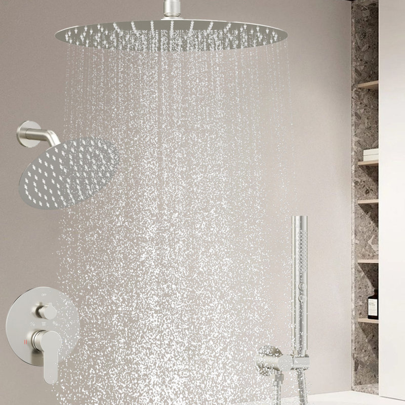 3 Way 12+6" Round Dual Rainfall Shower Head With Handheld Spray, Ceiling Mounted Rain Shower, Brushed Nickel