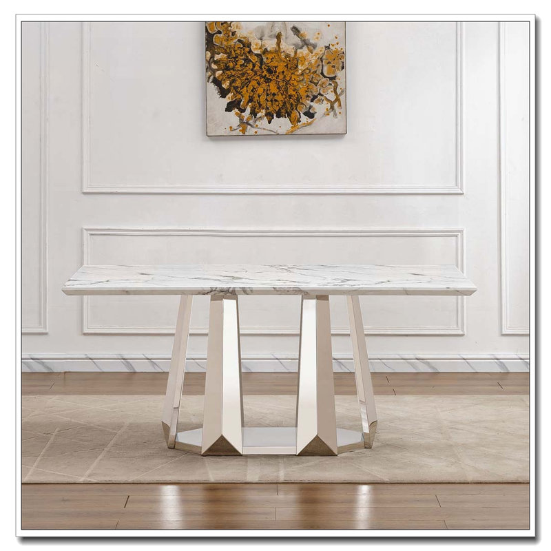 Table de salle à manger en faux marbre avec base en acier inoxydable, pour 6 personnes, Blanc, Argent argent