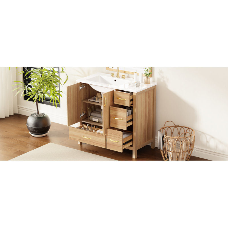 Meuble-lavabo 36 po avec structure en bois massif, 4 tiroirs et portes à fermeture en douceur pour une salle de bain confortable et organisée de 36 po, avec poignées dorées, tablette réglable, design élégant