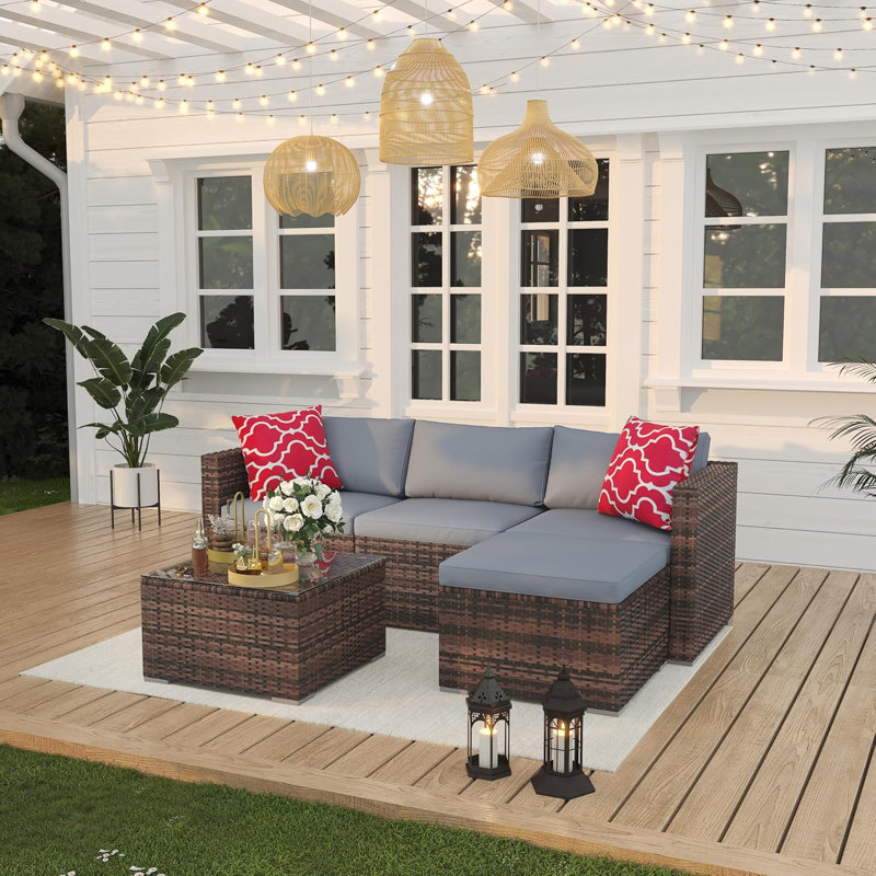 Ensemble de conversation 5 pièces pour patio modulaire en osier brun / gris clair, Gris, Brun