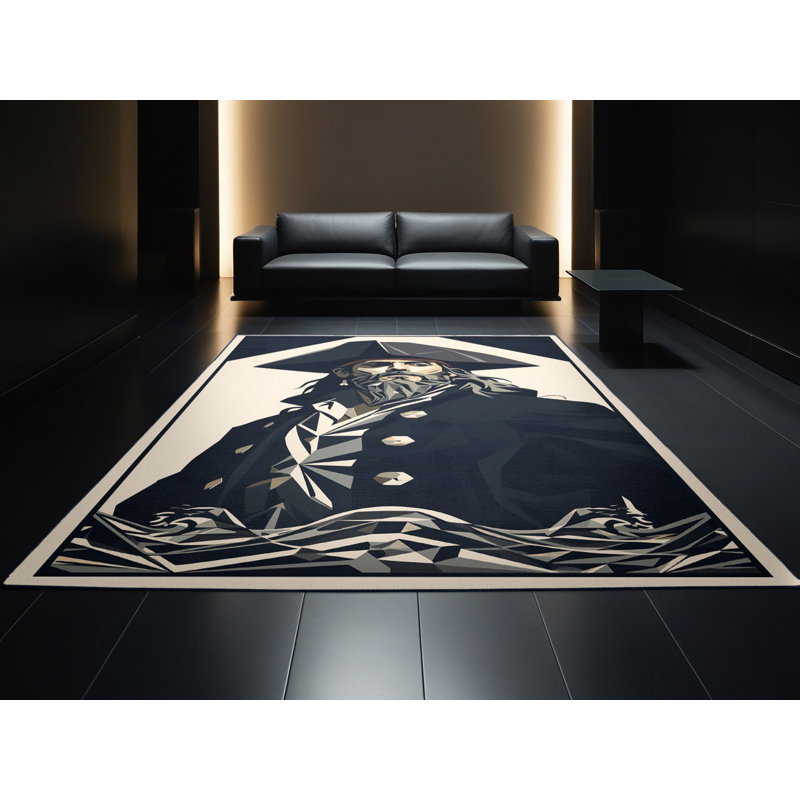 Soft Plush Duque Pirate Captain Modern Geometric Area Rug in Gray – Navy Binding, 2x5