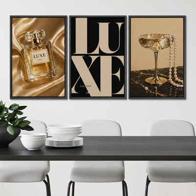 Luxe Perfume, Gold Champagne and Pearl Still Life, Wall Art Decor Framed On Canvas 3 Pieces Print