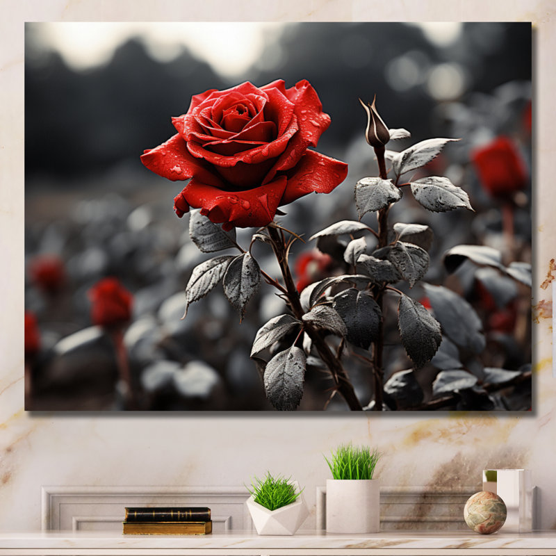 «Red Rose Over Greyscale», reproduction d'art sur toile, 12" H x 20" W, Toile tendue