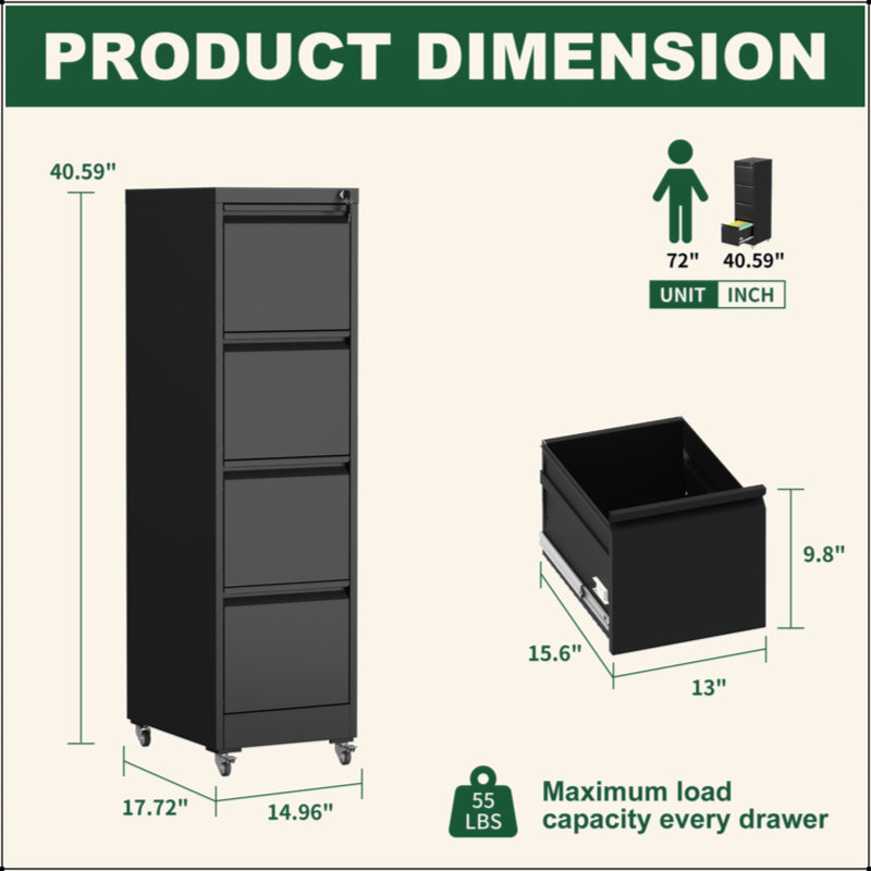 Classeur vertical à 4 tiroirs verrouillables en métal sur roulettes - Armoire verrouillable robuste pour la maison et le bureau