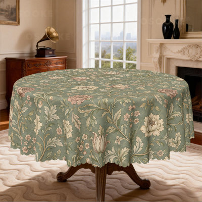 Nappe vintage française à motifs floraux, imprimé botanique vert sauge, décoration de cuisine rustique et champêtre