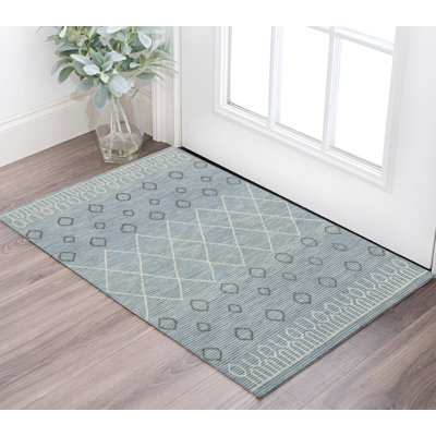 Tapis géométrique crocheté à la main 2 pi x 3 pi bleu gris et ivoire