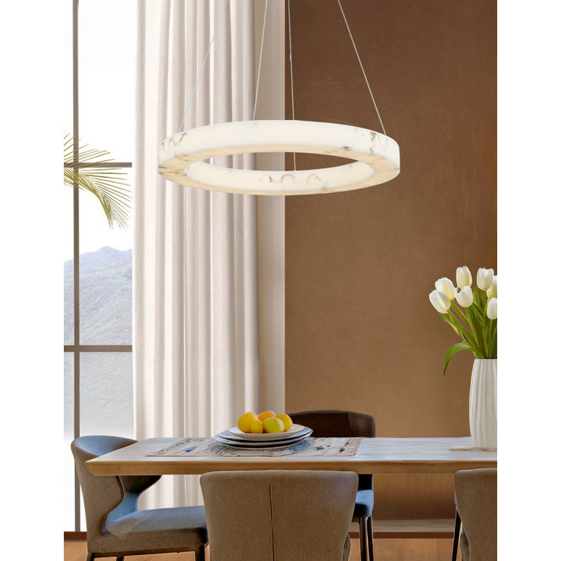 LumenAria - Medley LED Ring Pendant - Brushed Brass - Faux Alabaster Resin Shade, 124" H x 32" W x 32" D