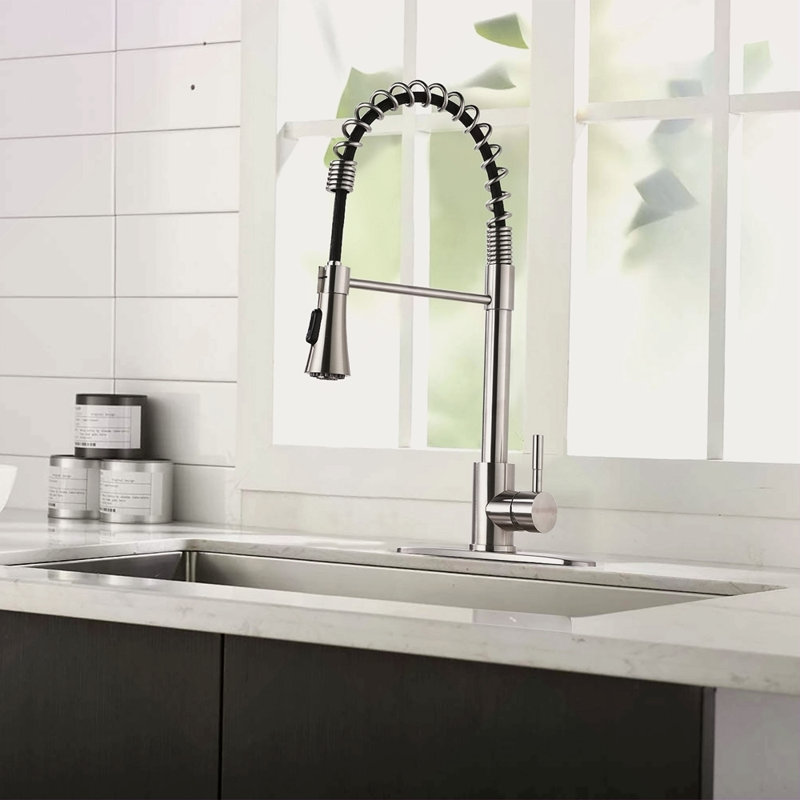 Commercial Kitchen Sink Faucet With Deck Plate, Brushed Nickel