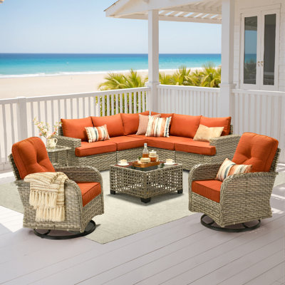 Ensemble de 9 pièces de mobilier de patio extérieur en osier avec coussins et chaises berçantes pivotantes