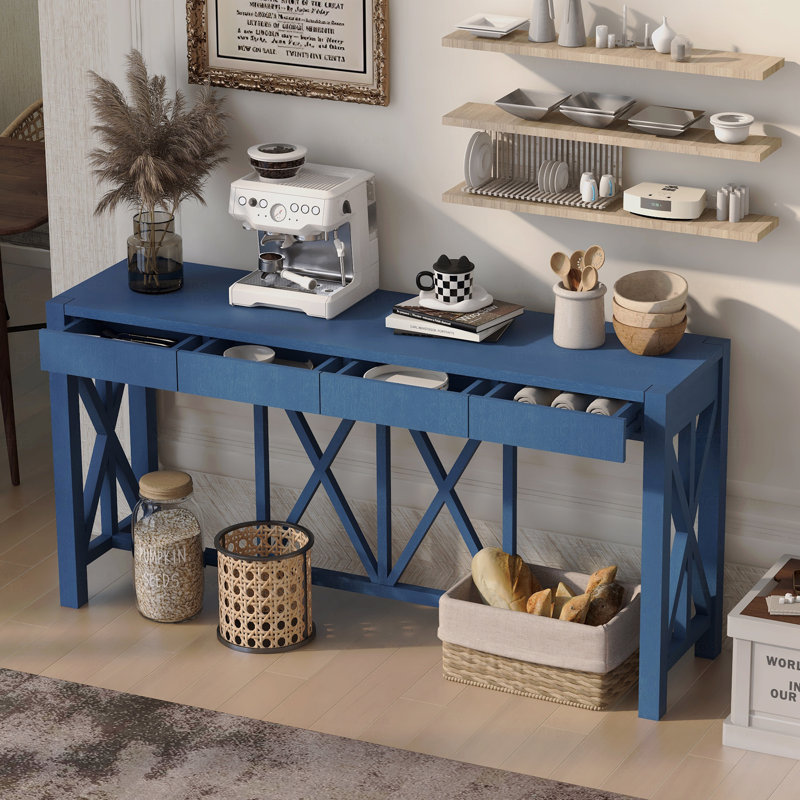 Console en placage d'acacia avec 4 tiroirs spacieux, table d'entrée de style moderne avec espace de rangement ouvert, canapé de style campagnard