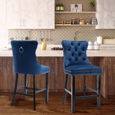 Ghabriel 19.5" Wide Mid-Century Modern Velvet Fabric With Tufted Back Blue Barstool, With Cushion Solid Wood Frame Counter Stool