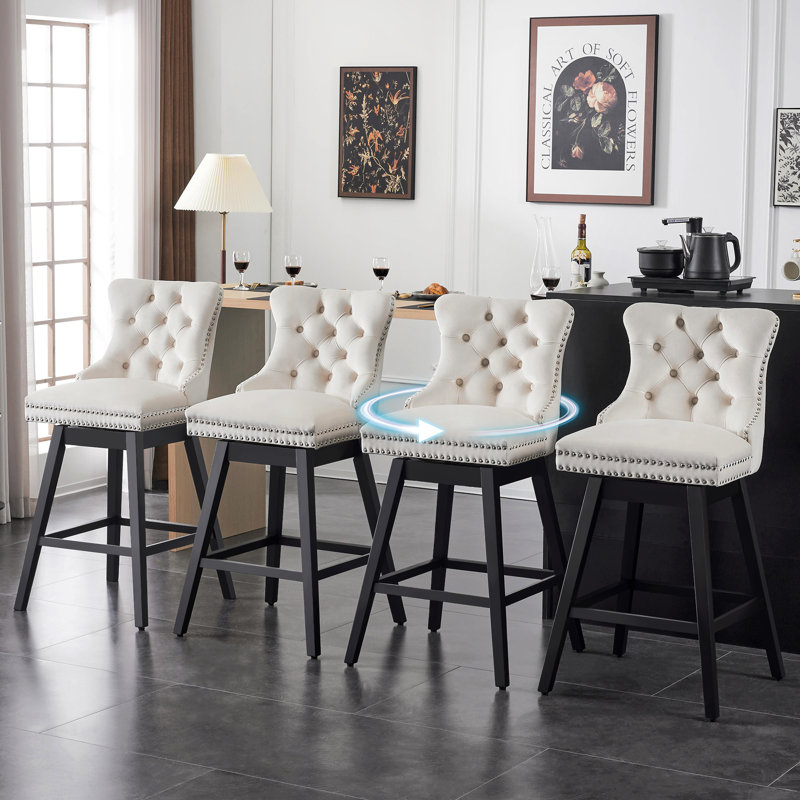 Bar Height Swivel Bar Stools with Back, Upholstered Tall Bar Chairs, Solid Wood Frame with Nailhead Trim, Set of 4, Beige