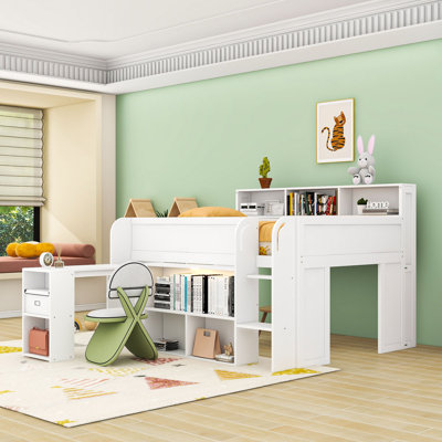 Lit mezzanine double avec bureau d'étude intégré, éclairage à DEL et tablettes de rangement multiples