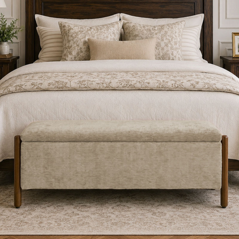 Banc de rangement multifonctionnel en chenille avec pieds cylindriques en bois massif, Khaki