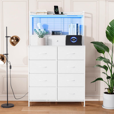 Smart 11-Drawer Fabric Dresser – Charging Station, App-Controlled RGB LED Lights & Anti-Tipping, Industrial Storage Cabinet for Bedroom, Living Room, Closet, Nursery (White)
