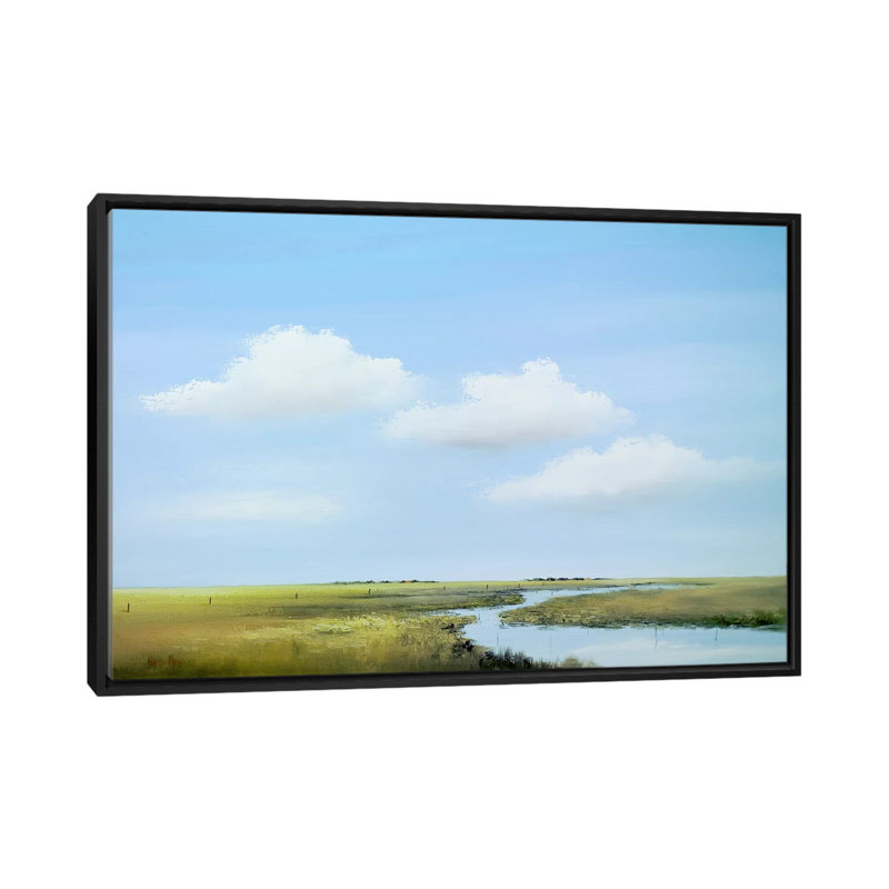 « down the river v », reproduction sur toile, H 18 po x l 26 po x P 1,5 po, Toile avec cadre noir, Pas de tapis