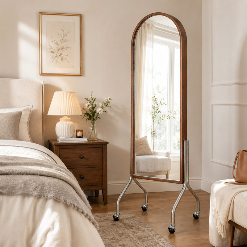 Miroir pleine longueur en bois d'hévéa avec tablettes de rangement et roulettes pour le salon et l'entrée de la chambre à coucher CUFE Fi