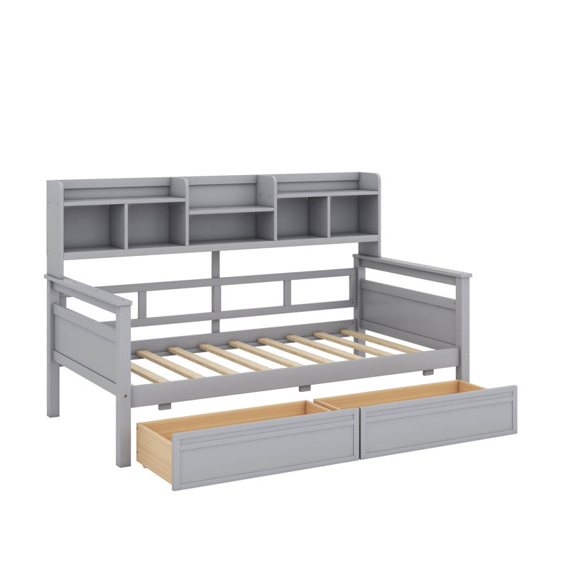 Lit de jour simple, support en lattes de bois, avec tablettes de chevet et deux tiroirs, Gris, Lit simple
