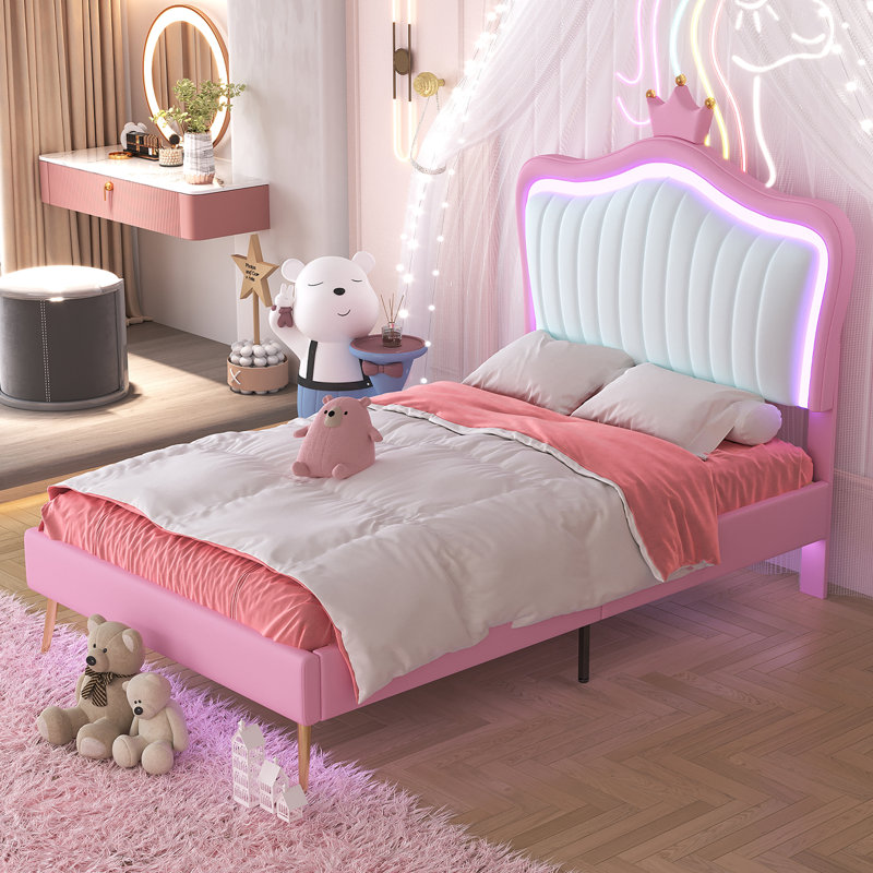Lit princesse rembourré en polyuréthane avec lumières DEL, tête de lit réglable Crown Decor, Lit simple, Blanc / rose