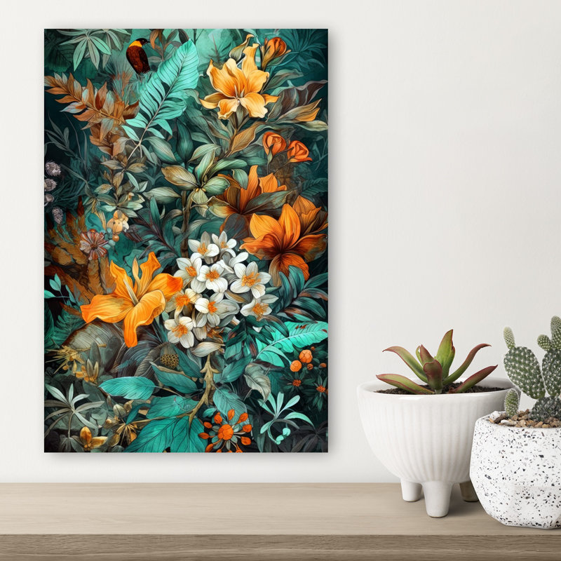 Lush Tropical Flora Bird Abstract Cactus Palm Succulent Nature Tropical Wall Art Print 1 Piece Wrapped Canvas Wall Art