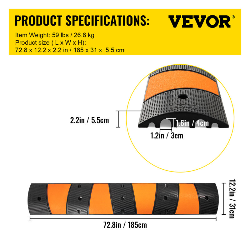 VEVOR Modular Rubber Speed Bump, Driveway Cable Protector Ramp 6FT With 2 End Cap,Rated 22000 LBS Loading