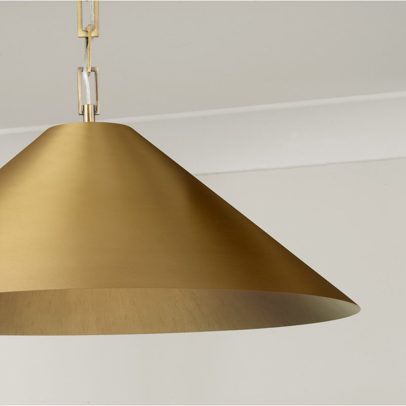 20" W x 8" H 1-Light Metal Cone Pendant in Aged Brass with Painted Brass Interior and Rectangular Designer Chain