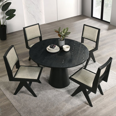 Contemporary 5Pc Dining Set With Gray Upholstery, 59 Inch Round Table And 4 Side Chairs, Perfect For Modern Homes