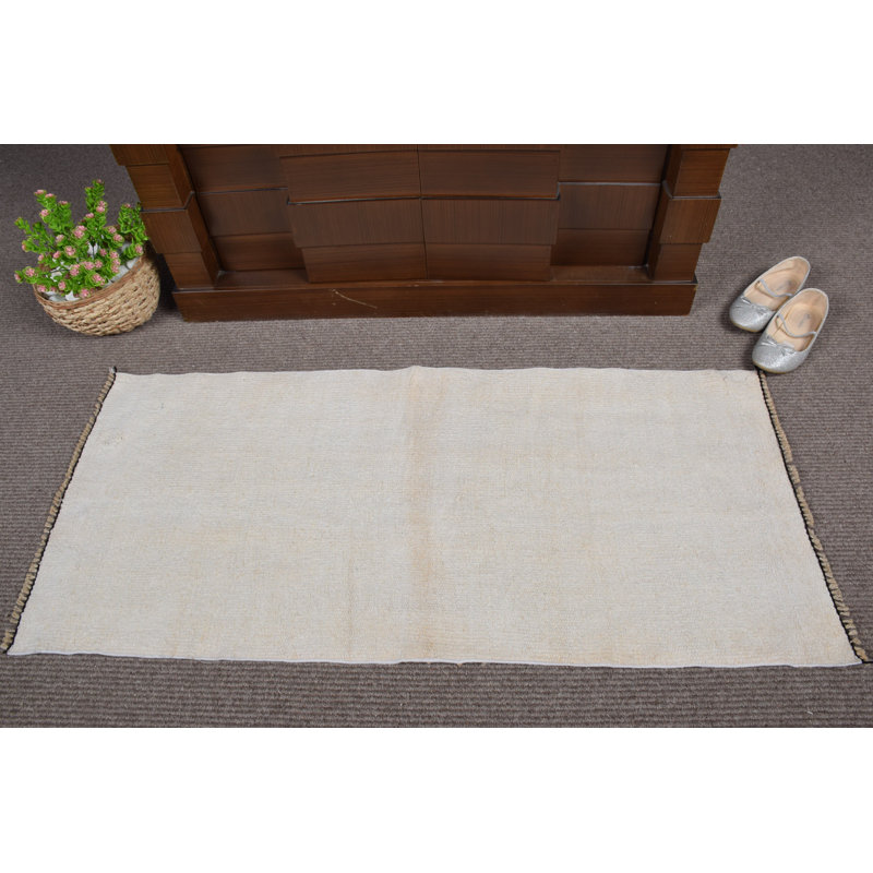 Vintage Turkish Oushak Small Beige Rug with Flat Weaving Kilim Design for Entryways