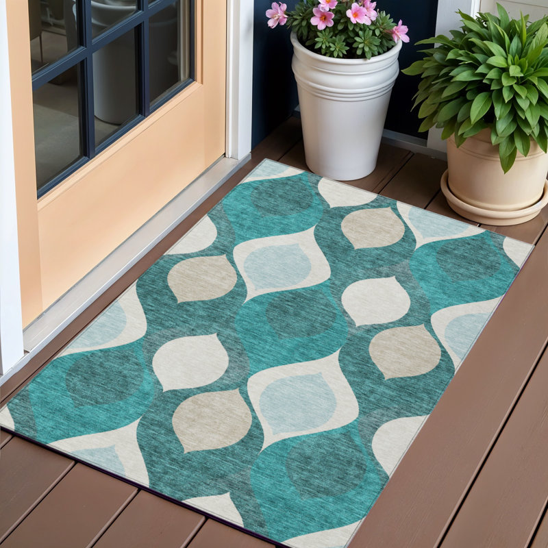 3' X 5' Teal Blue Sky Blue And Ivory Ogee Washable Indoor Outdoor Area Rug
