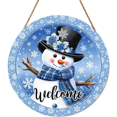 Enseigne de bienvenue - bleu - bonhomme de neige 12 po x 12 po et enseigne de porte d'entrée flocon de neige, décoration murale ou porche de vacances rustique