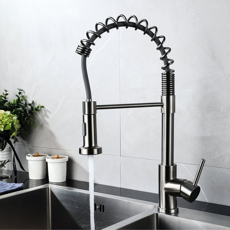 Brushed Nickel Sink Faucet With Pull Down Feature - Single Handle Control, 360 Degree Spout Turn, Metal Material Construction For Superior Quality Option Operation, Rotation, Longevity