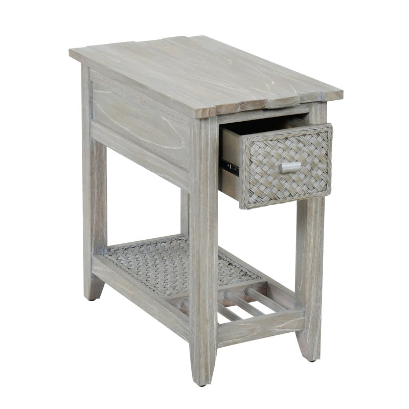 Washed Gray Solid Acacia Wood End Table with Storage