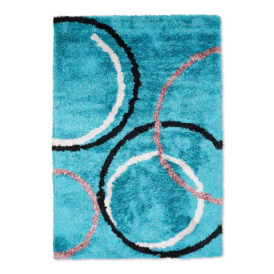 Tapis à poils longs touffetés à la main en polyester écologique - Rectangle, couleur turquoise, conception géométrique moderne, tapis épais antidérapants faits à la main pour salon, chambre à coucher