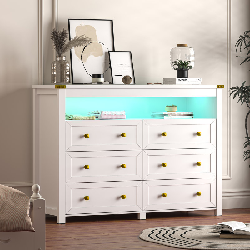 6 Drawer Dresser With Lights And Power Outlet, White