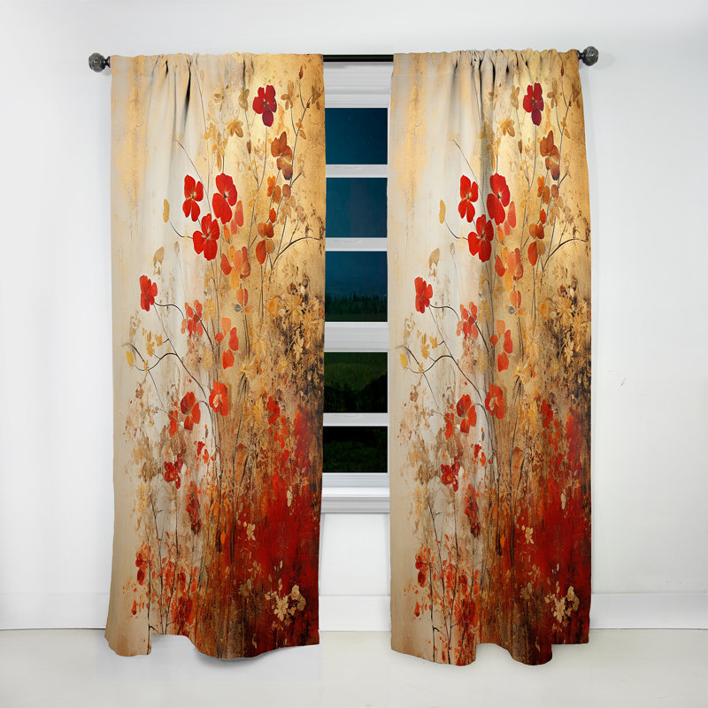 Kourtney God And Red Floral Japanese Tiles I - Botanicals Curtain - Velvet Room Darkening - 1 panel, 52" W x 63" L