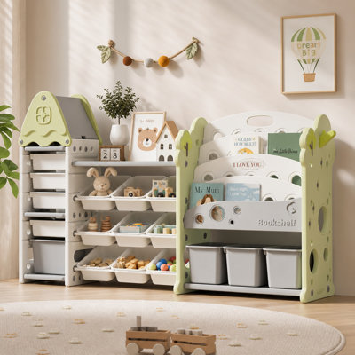 Kids Toy Storage Organizer, 4-Tier Bookshelf with 17 Removable Bins, Multi-Purpose Toy Shelf for Playroom Bedroom Nursery Living Room, Green