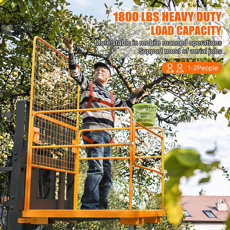 Cage de sécurité pour chariot élévateur conforme à la norme OSHA - capacité de 1800 lb, panier pour homme en acier de 43 po x 45 po x 77 po avec harnais de sécurité et plateforme antidérapante - Tube rond, cadre noir + clôture jaune