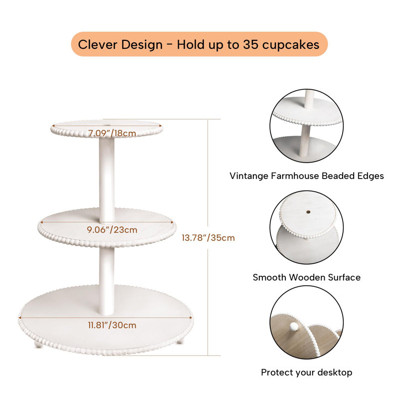 Rustic Wooden White 3 Tier Beaded Cupcake Stand Or Serving Tray Dessert Display Stand