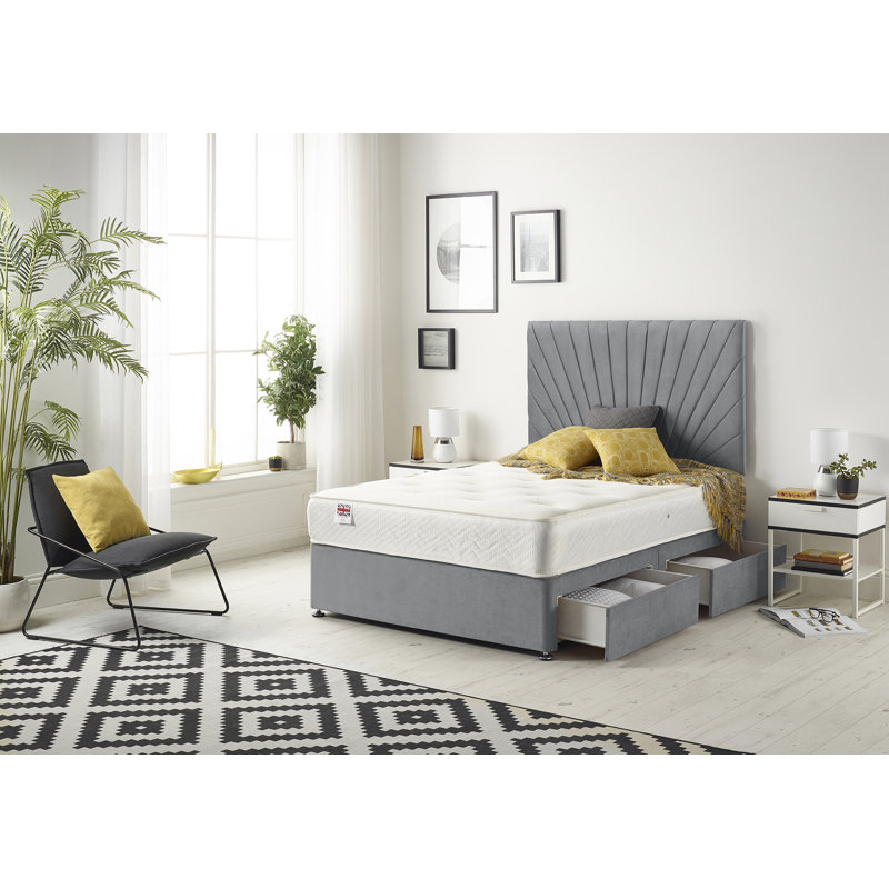 Schwerin Plush Velvet Divan Bed Set with Open coil Memory Foam Mattress No Headboard, Double (4'6), Charcoal, 2 Drawers